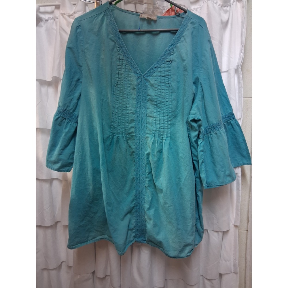 Woman Within Turquoise Blue Cotton Pintuck Lace V-Neck Tunic Top Plus 22/24 1629